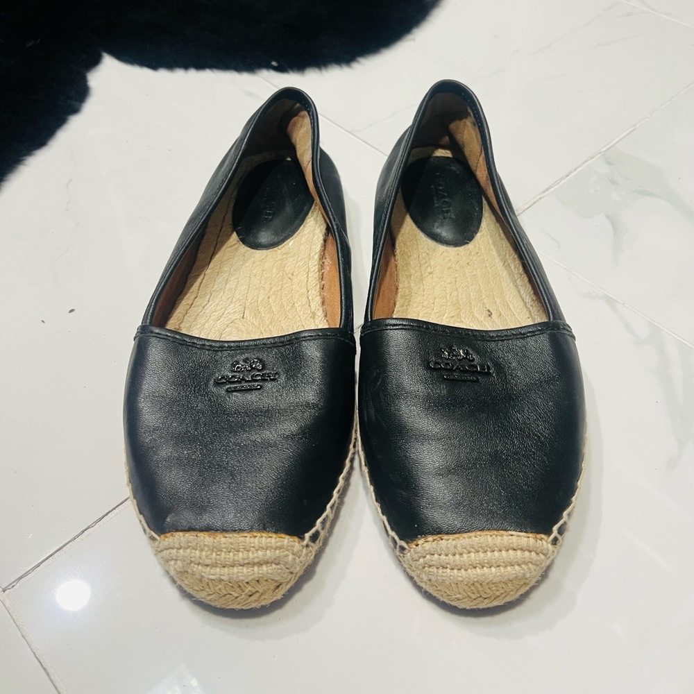Black Leather Espadrilles with Coach Logo